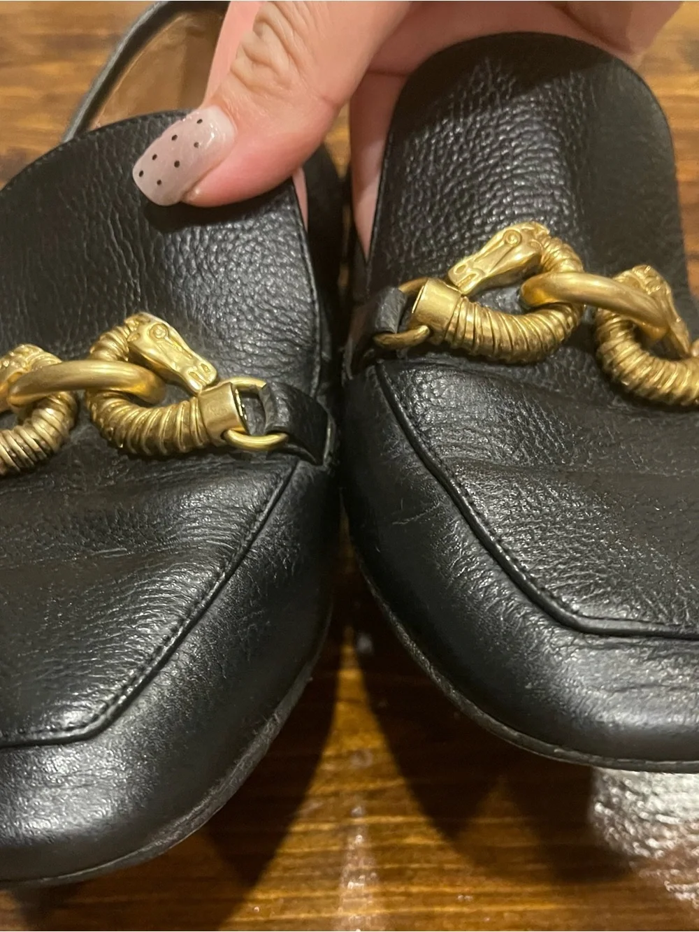 Tory Burch Black Pebbled Leather Loafers with Gold Horsebit Detail